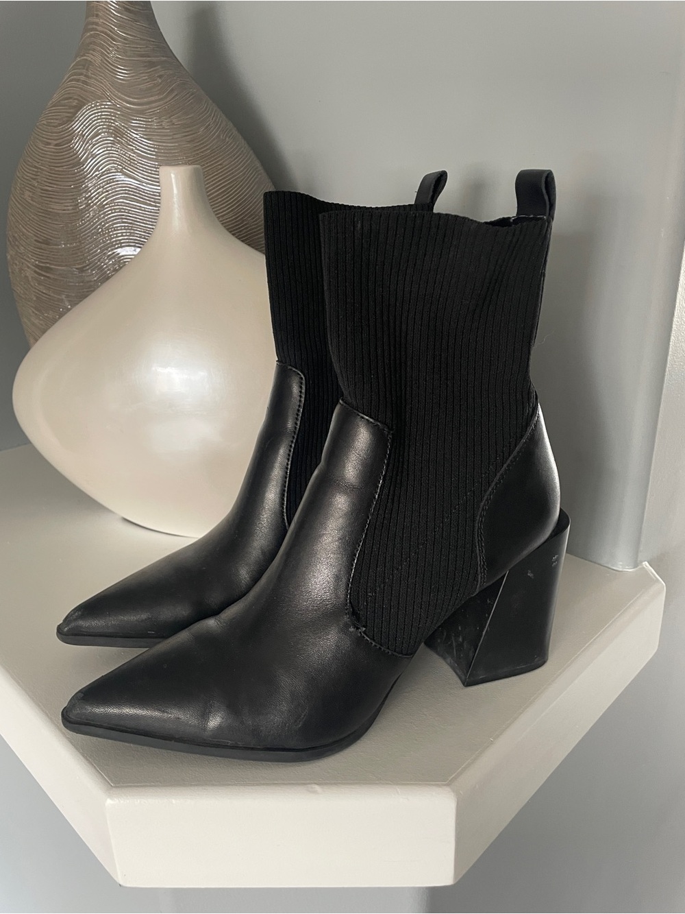 Aldo Black Pointed Toe Knit Block Heel Ankle Boots